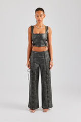 Washed PU Square Neck Top & Lace Up Trouser - Charcoal