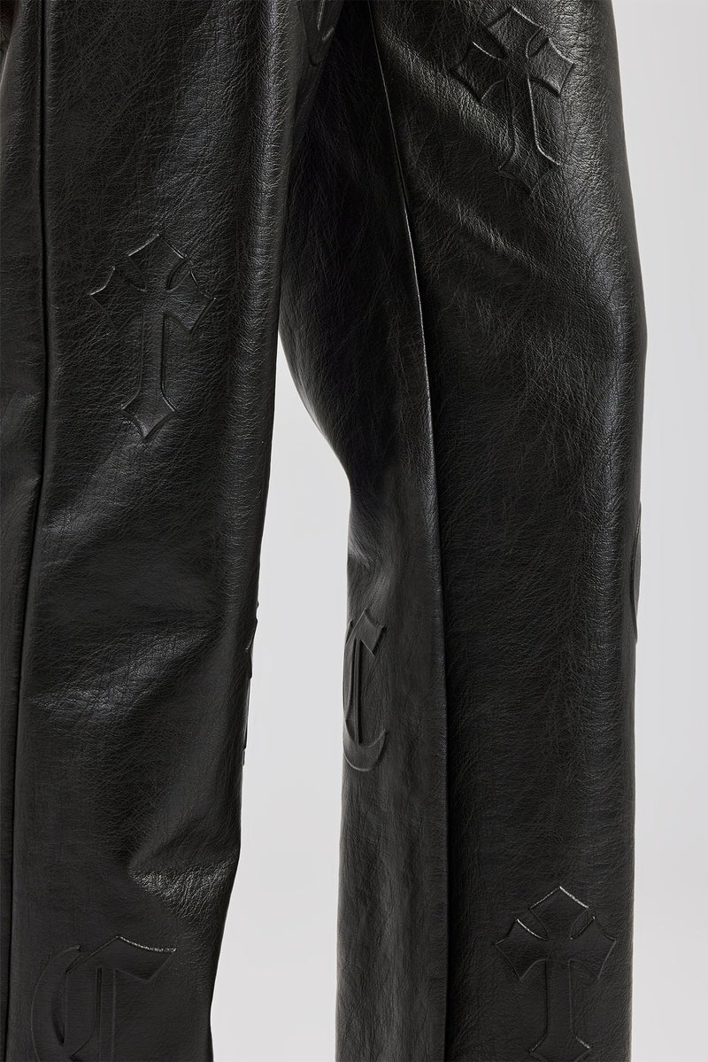 Embossed Cross Straight Leg PU Trouser - Black