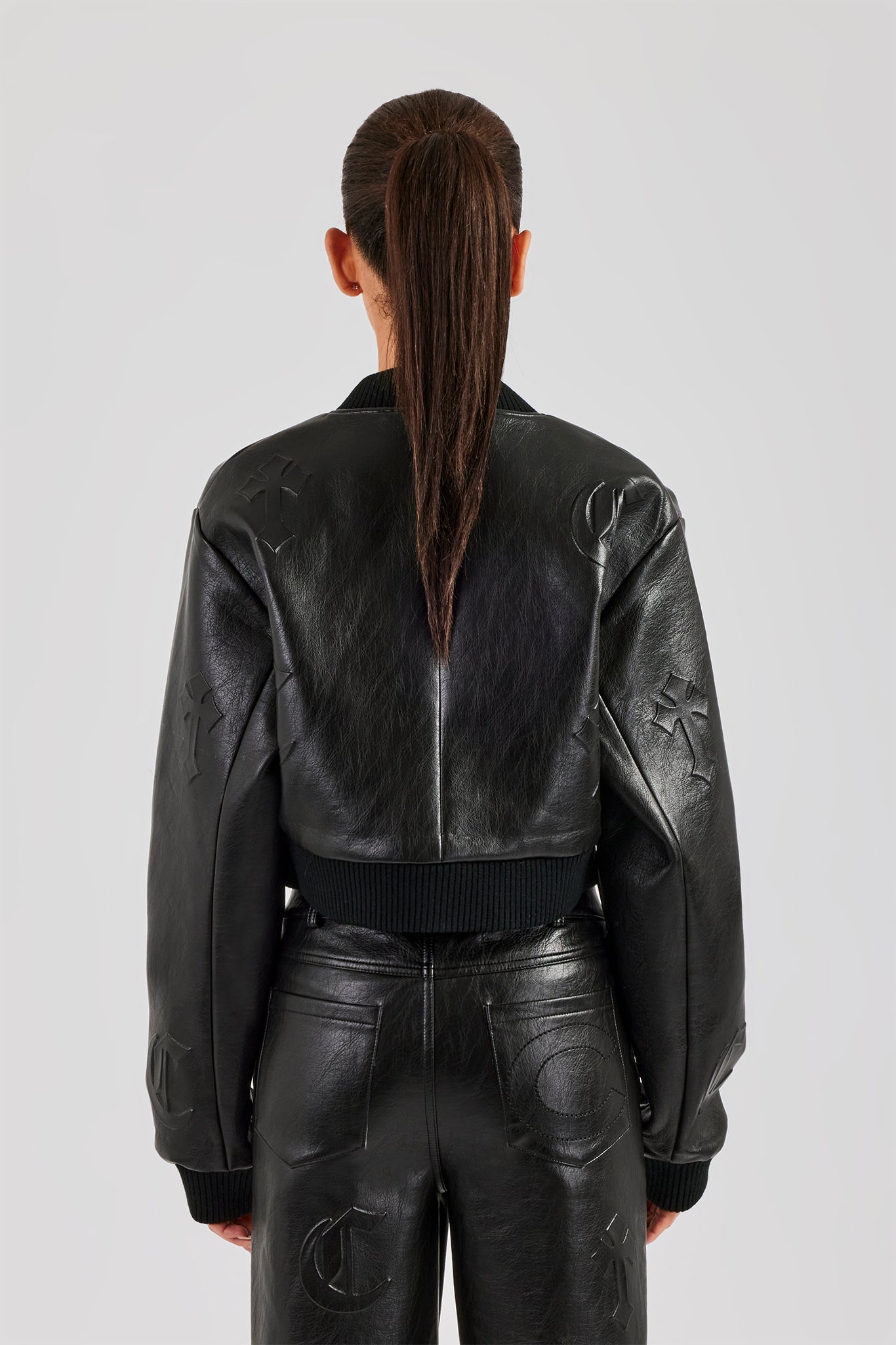 Embossed Cross PU Bomber Jacket - Black | Womens Outerwear | Shop