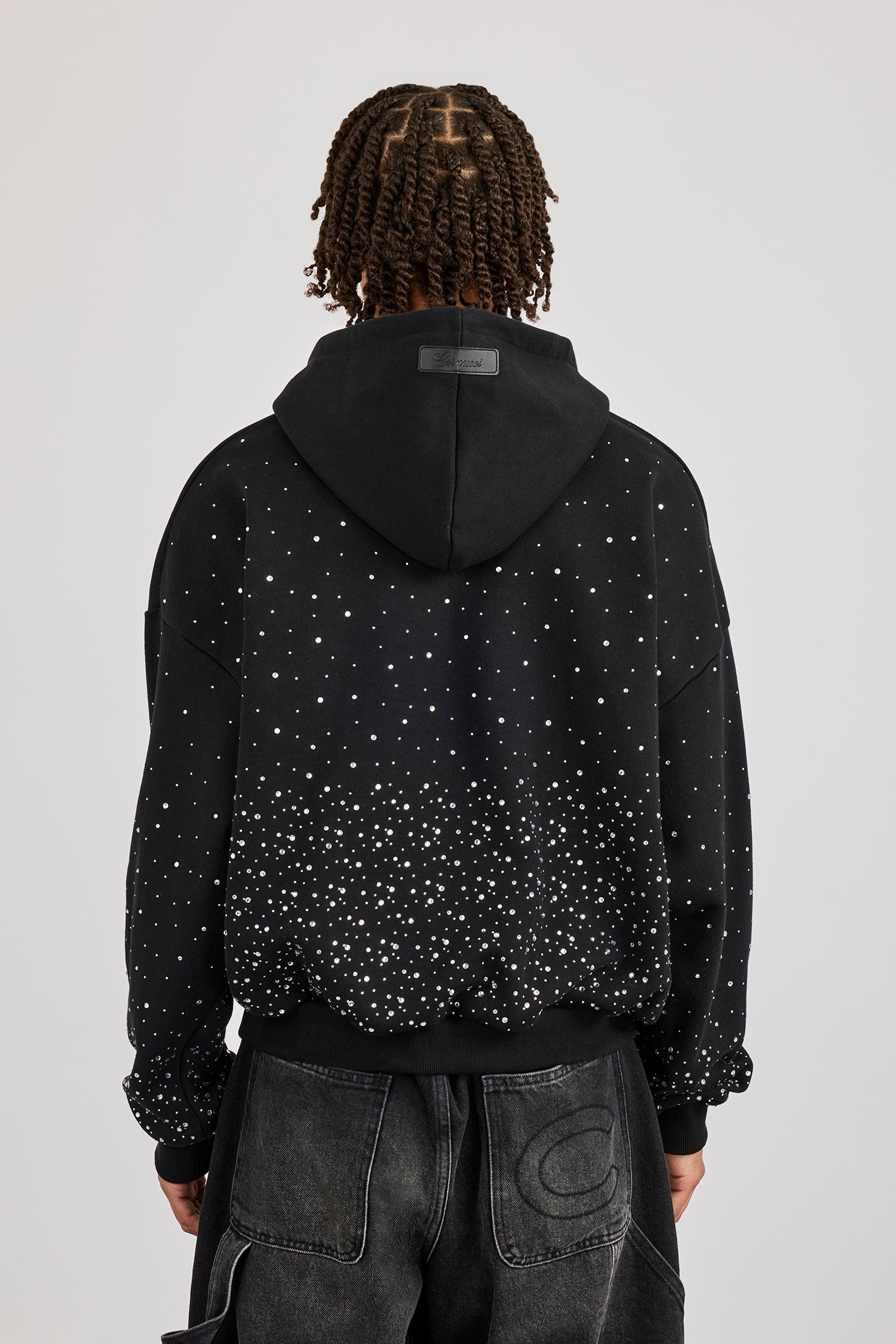 Mens Boxy Rhinestone Hoodie - Black