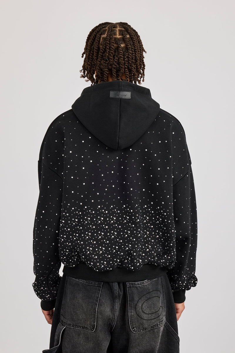 Mens Boxy Rhinestone Hoodie - Black