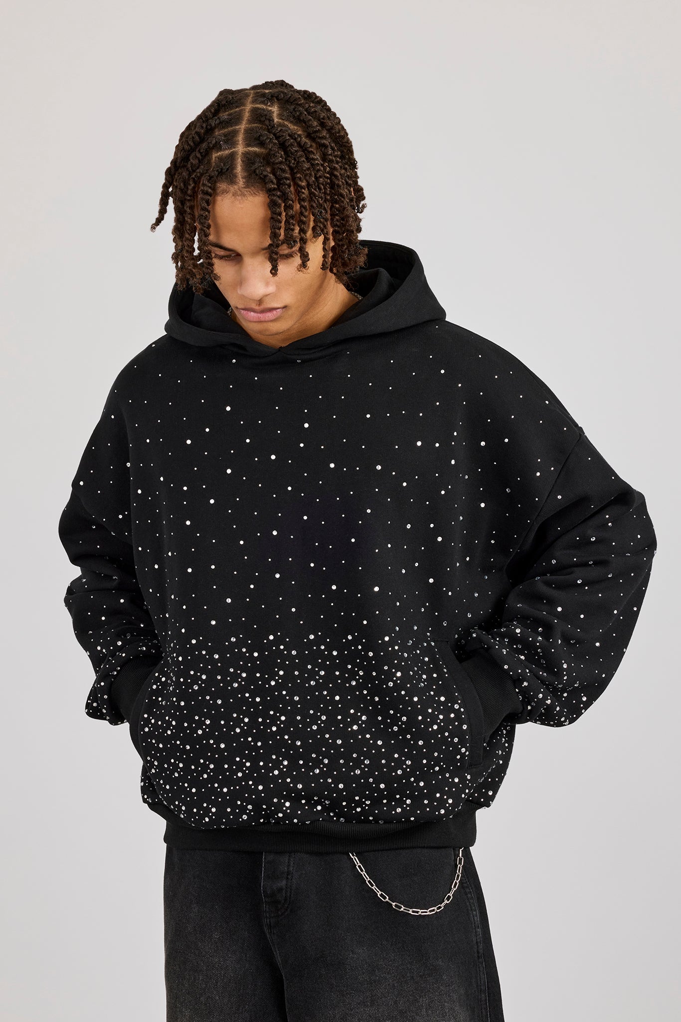Mens Boxy Rhinestone Hoodie - Black
