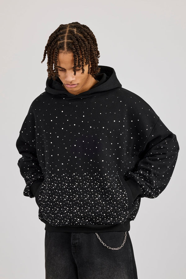 Mens Boxy Rhinestone Hoodie - Black