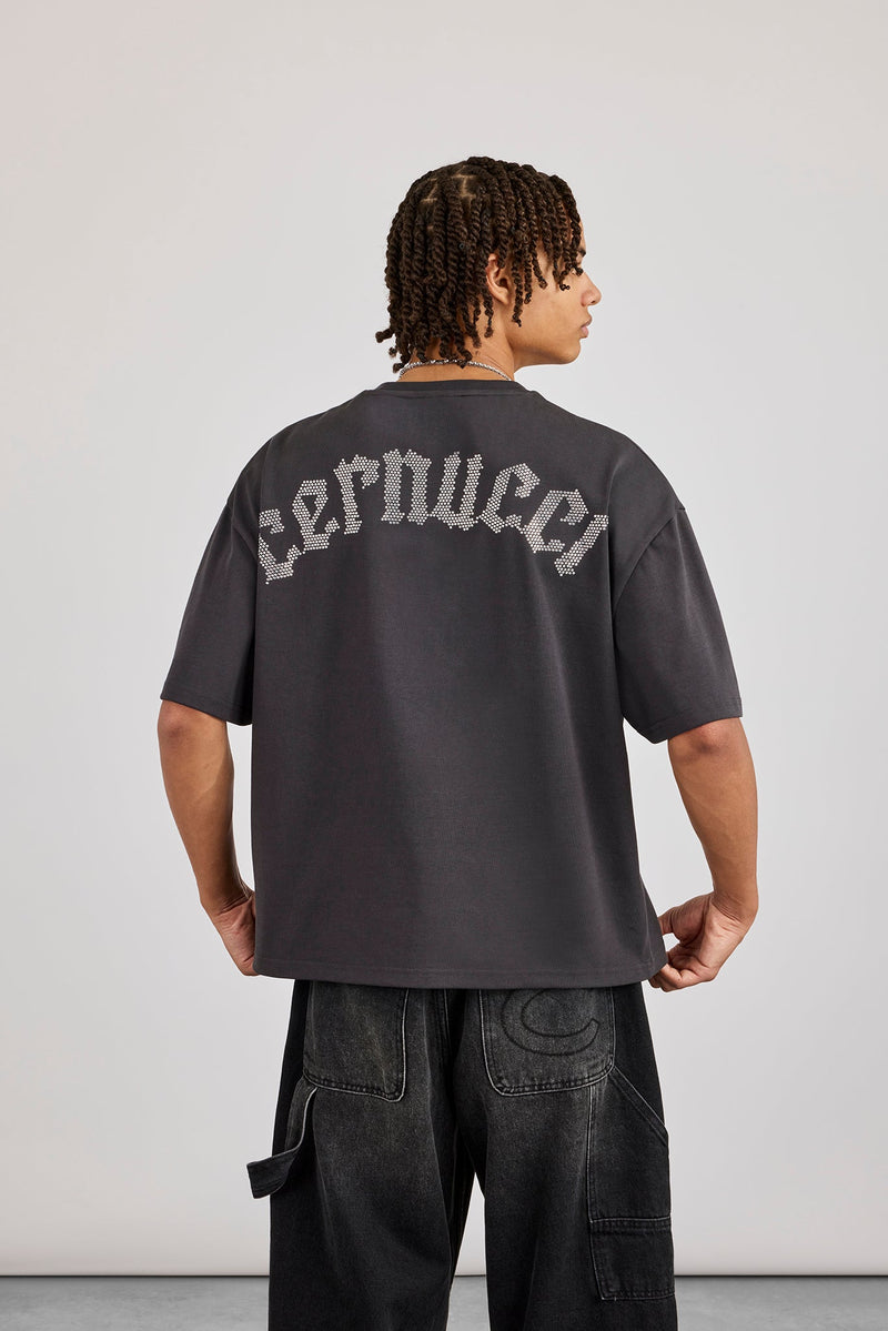 Boxy Rhinestone Logo T-Shirt - Charcoal