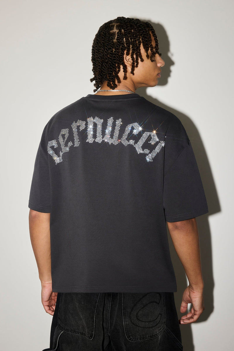 Boxy Rhinestone Logo T-Shirt - Charcoal
