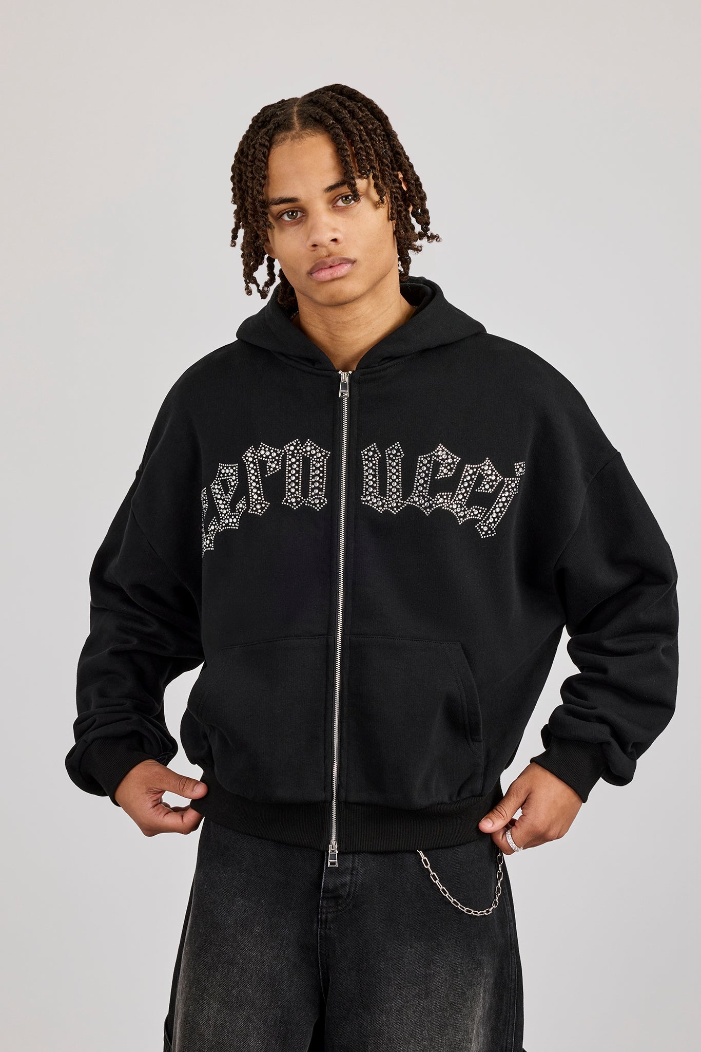 Rhinestone Logo Zip Hoodie - Black