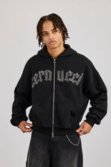 Rhinestone Logo Zip Hoodie - Black