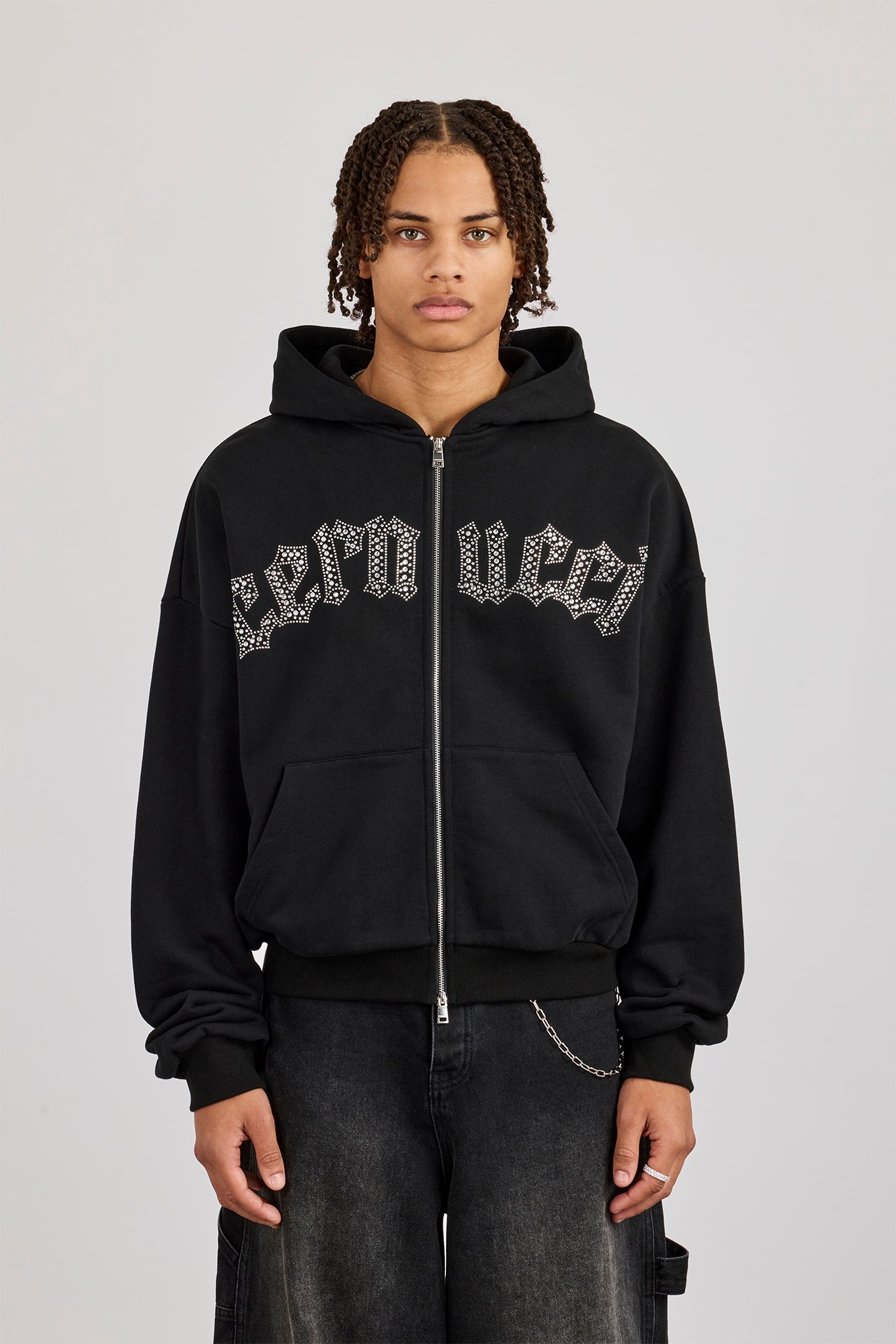 Rhinestone Logo Zip Hoodie - Black