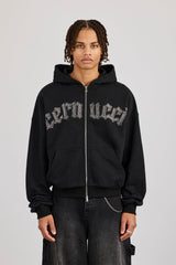 Rhinestone Logo Zip Hoodie - Black