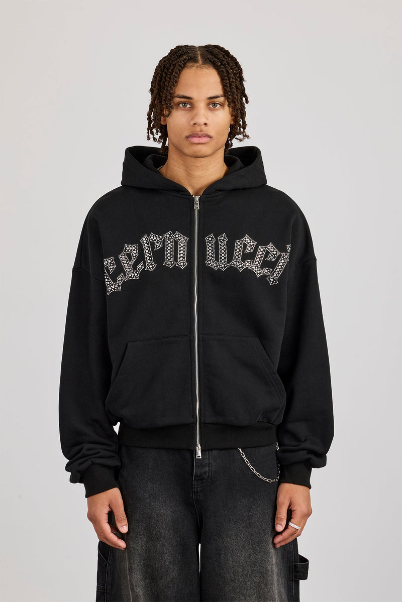 Rhinestone Logo Zip Hoodie - Black
