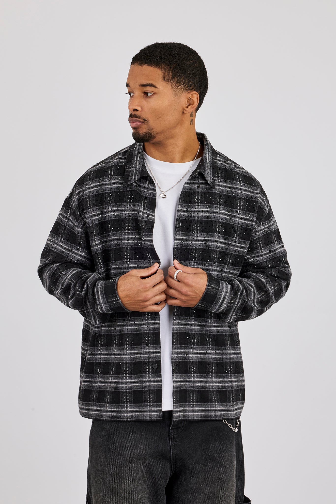 Rhinestone Check Shirt - Black