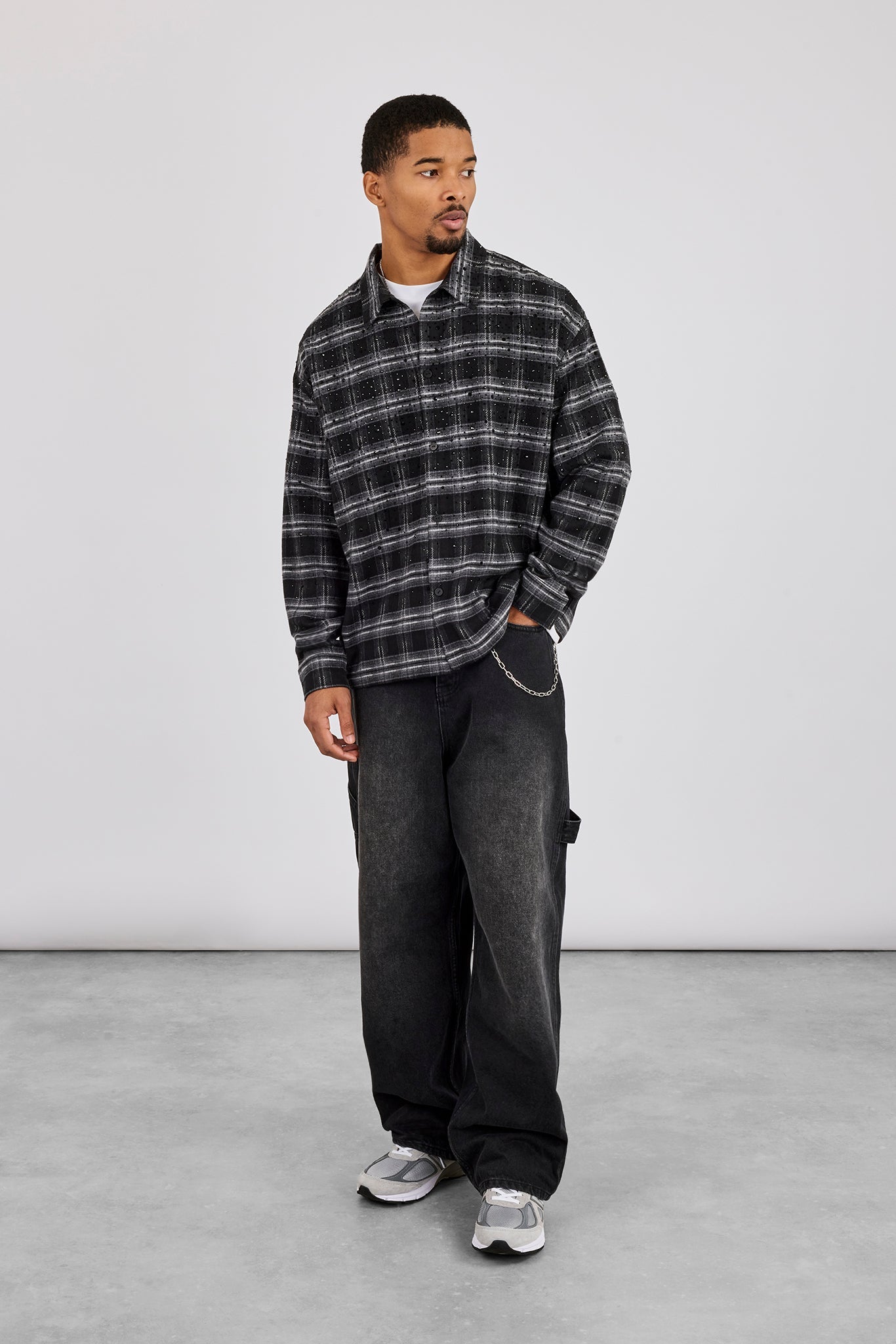 Rhinestone Check Shirt - Black