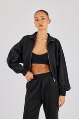 Rhinestone Taping Cropped Funnel Neck Jacket - Black