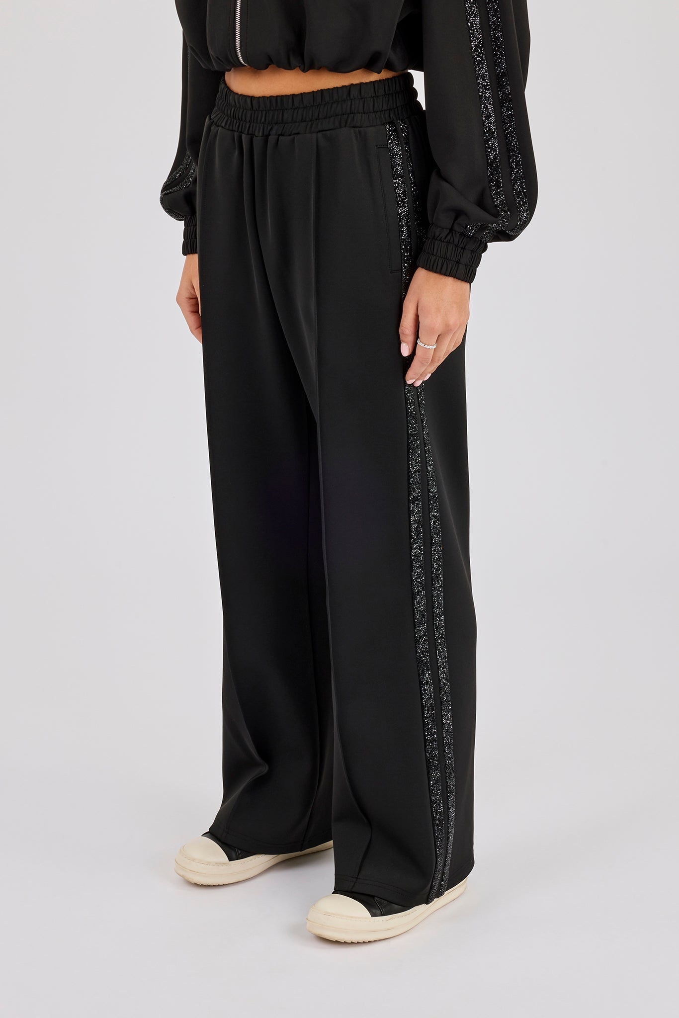 Rhinestone Taping Wide Leg Trouser - Black