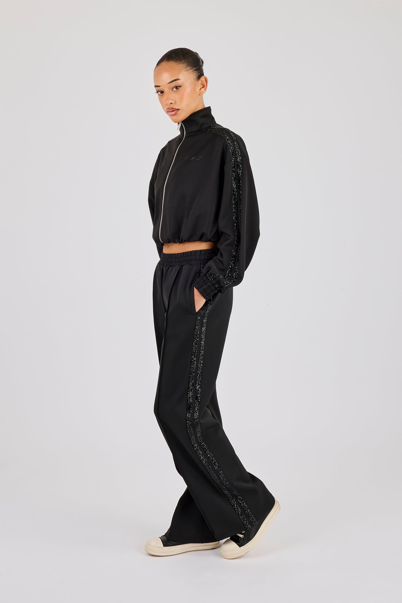 Rhinestone Taping Wide Leg Trouser - Black