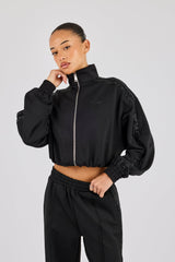 Rhinestone Taping Cropped Funnel Neck Jacket - Black