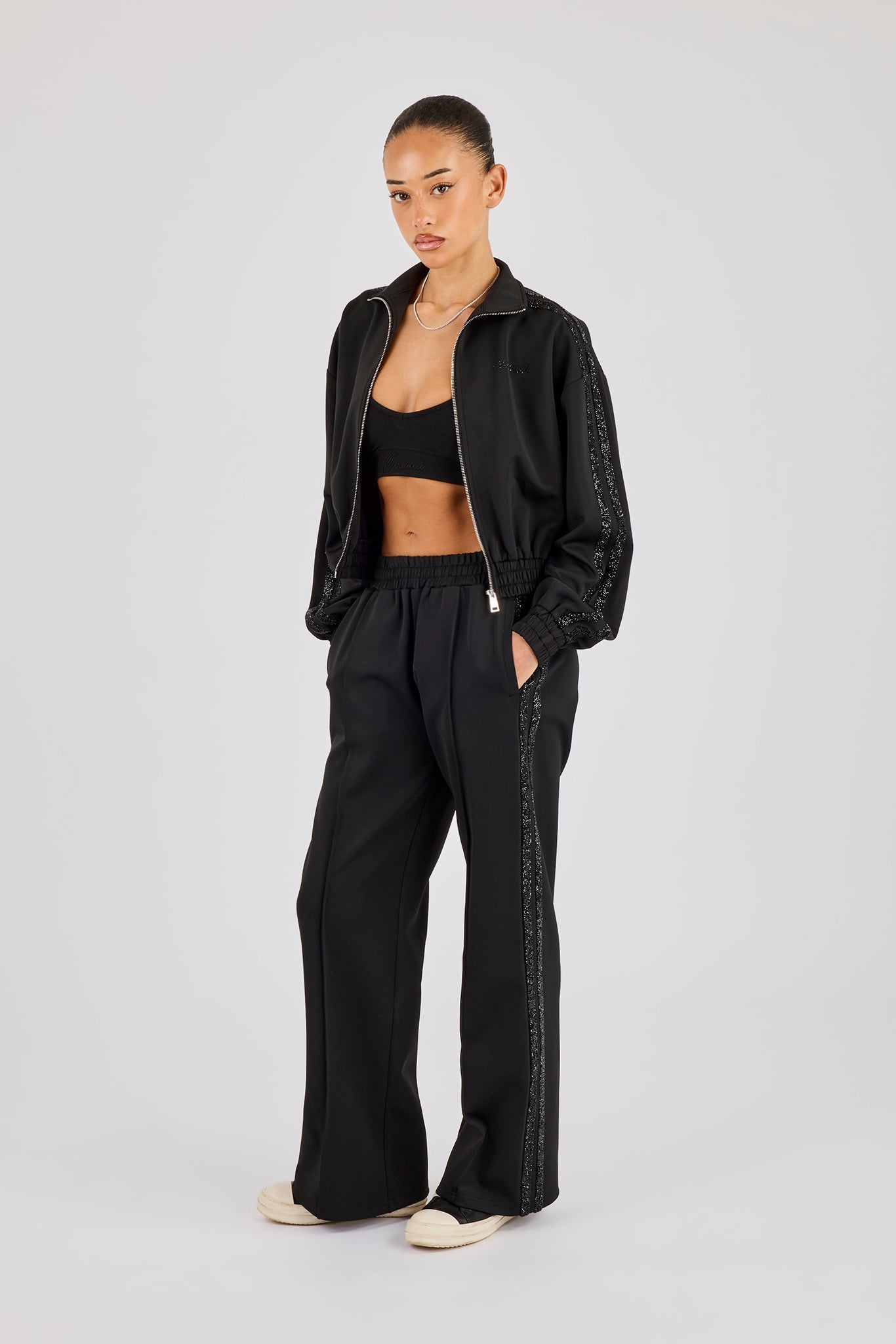 Rhinestone Taping Cropped Funnel Neck Tracksuit - Black
