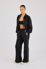 Rhinestone Taping Cropped Funnel Neck Tracksuit - Black
