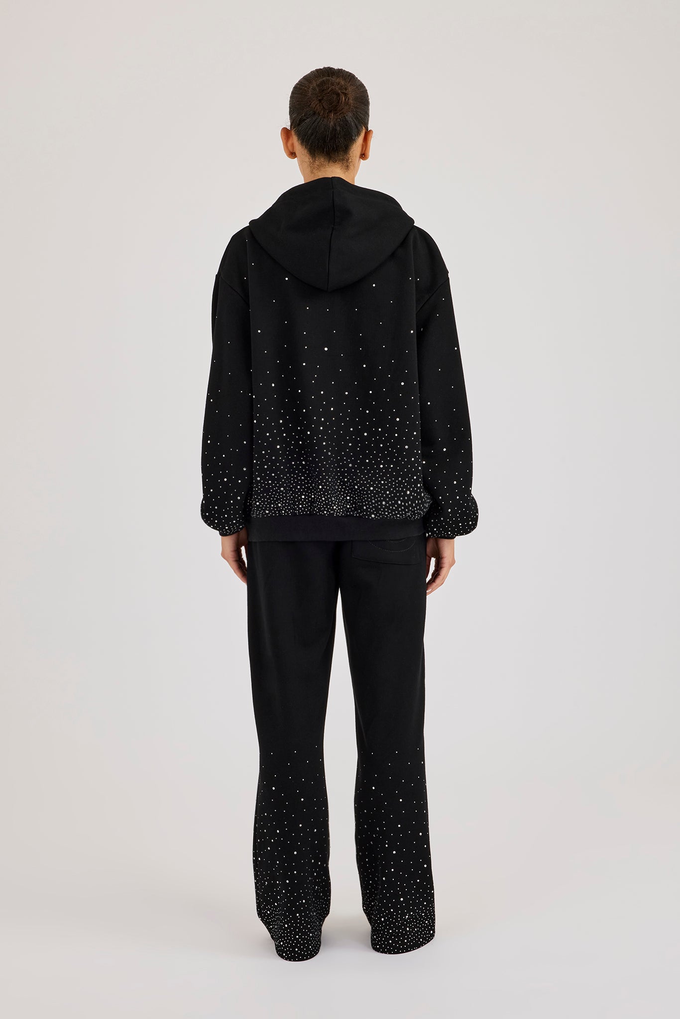 Oversized Rhinestone Zip Hoodie & Wide Leg Jogger - Black