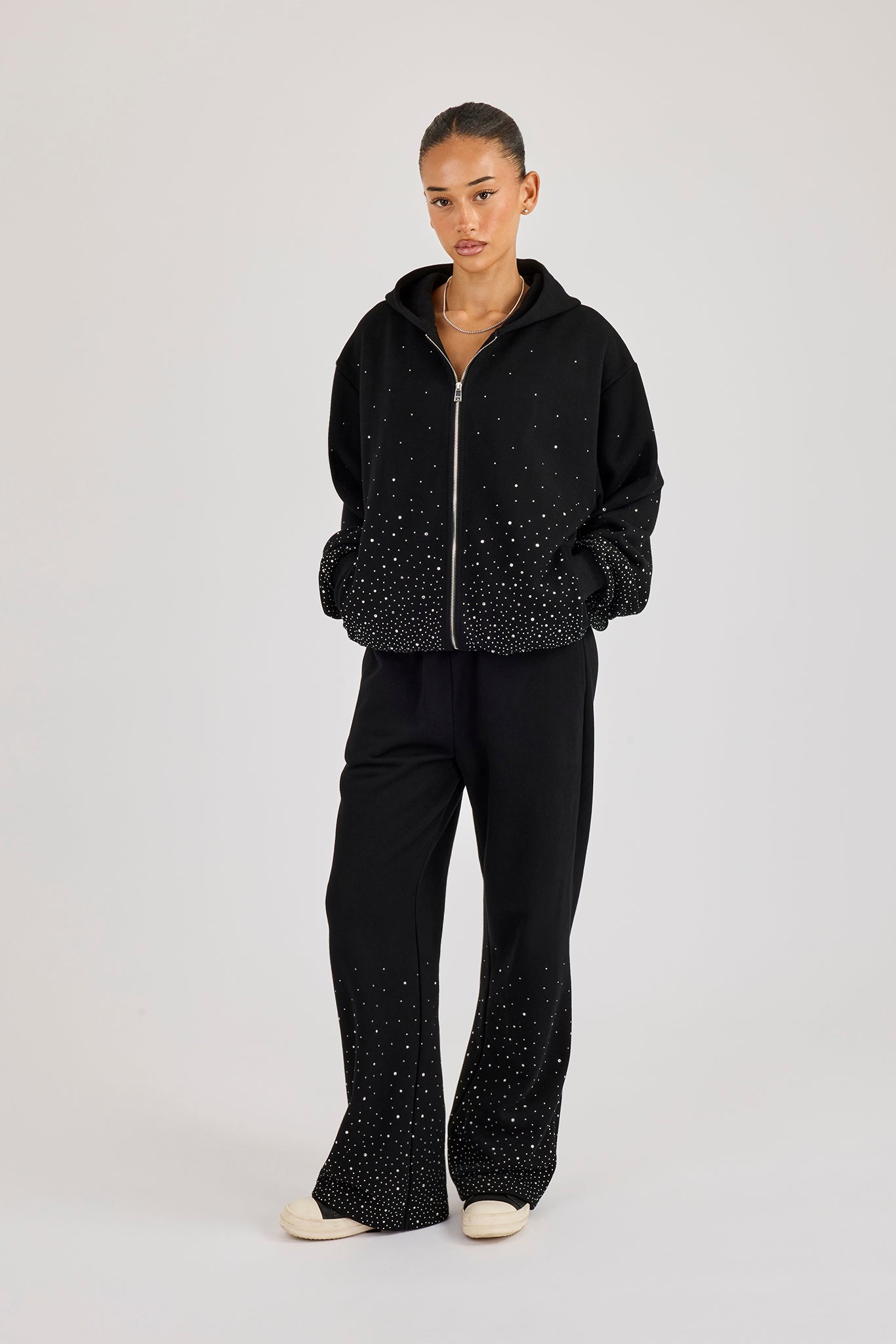Oversized Rhinestone Zip Hoodie & Wide Leg Jogger - Black