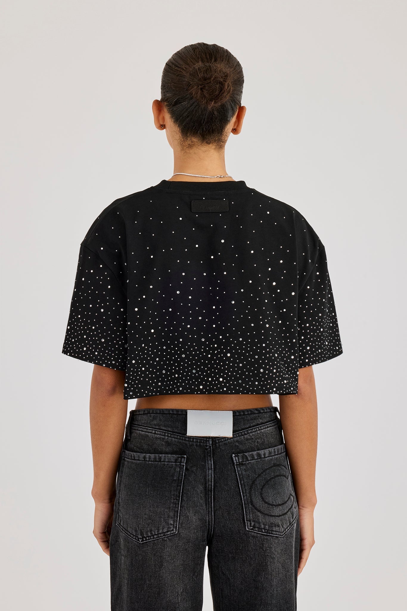 Cropped Rhinestone T-Shirt - Black