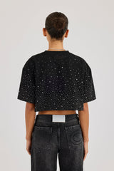 Cropped Rhinestone T-Shirt - Black