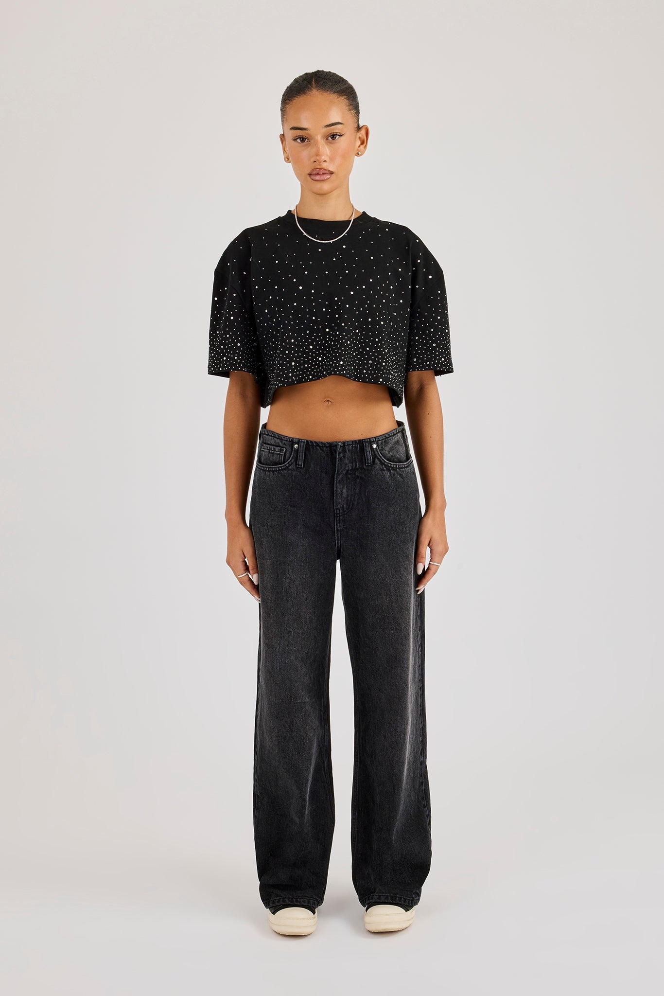 Cropped Rhinestone T-Shirt - Black