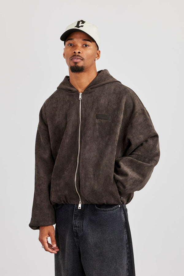Suede Hooded Jacket With Tab - Chocolate