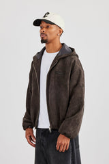 Suede Hooded Jacket With Tab - Chocolate