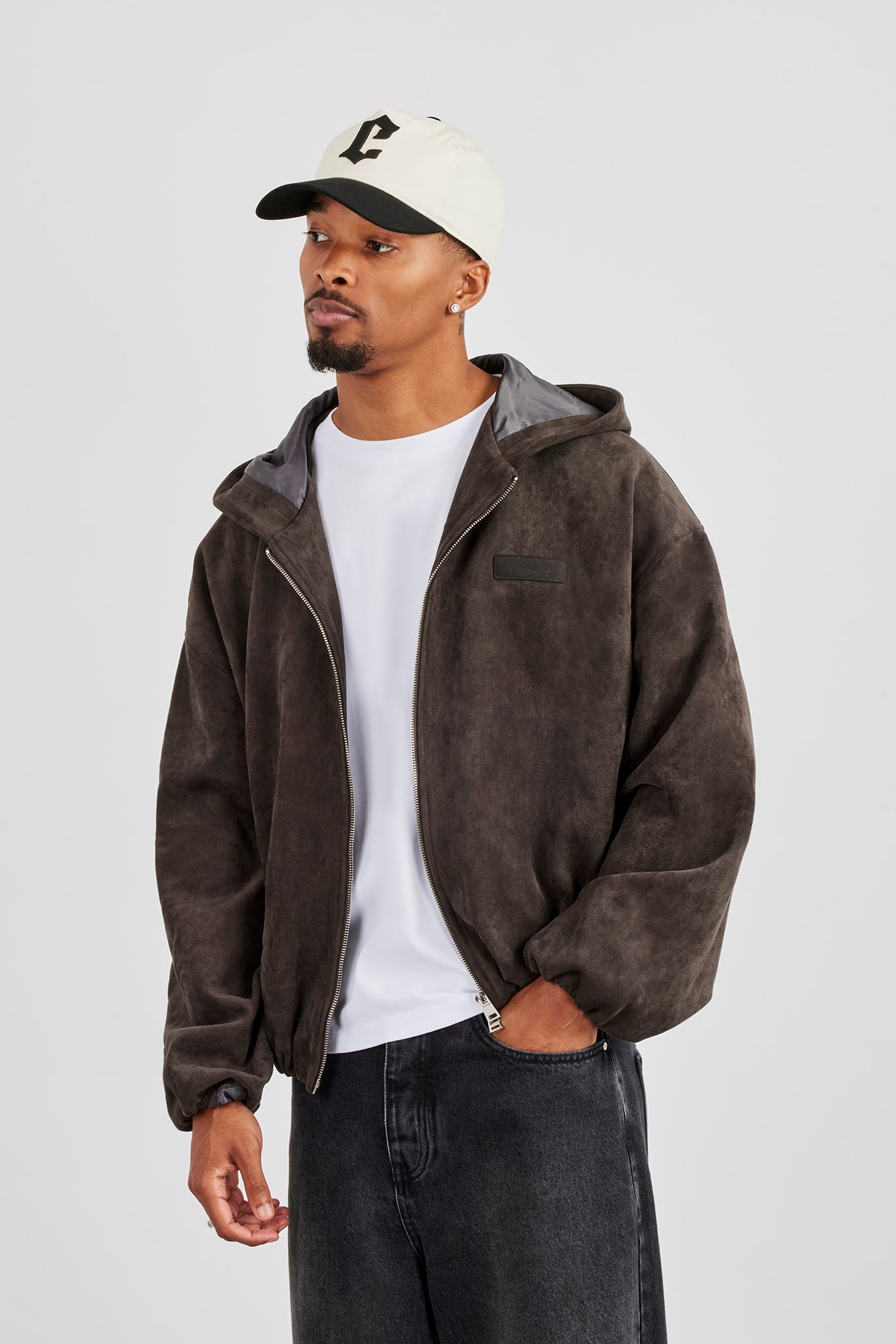 Suede Hooded Jacket With Tab - Chocolate