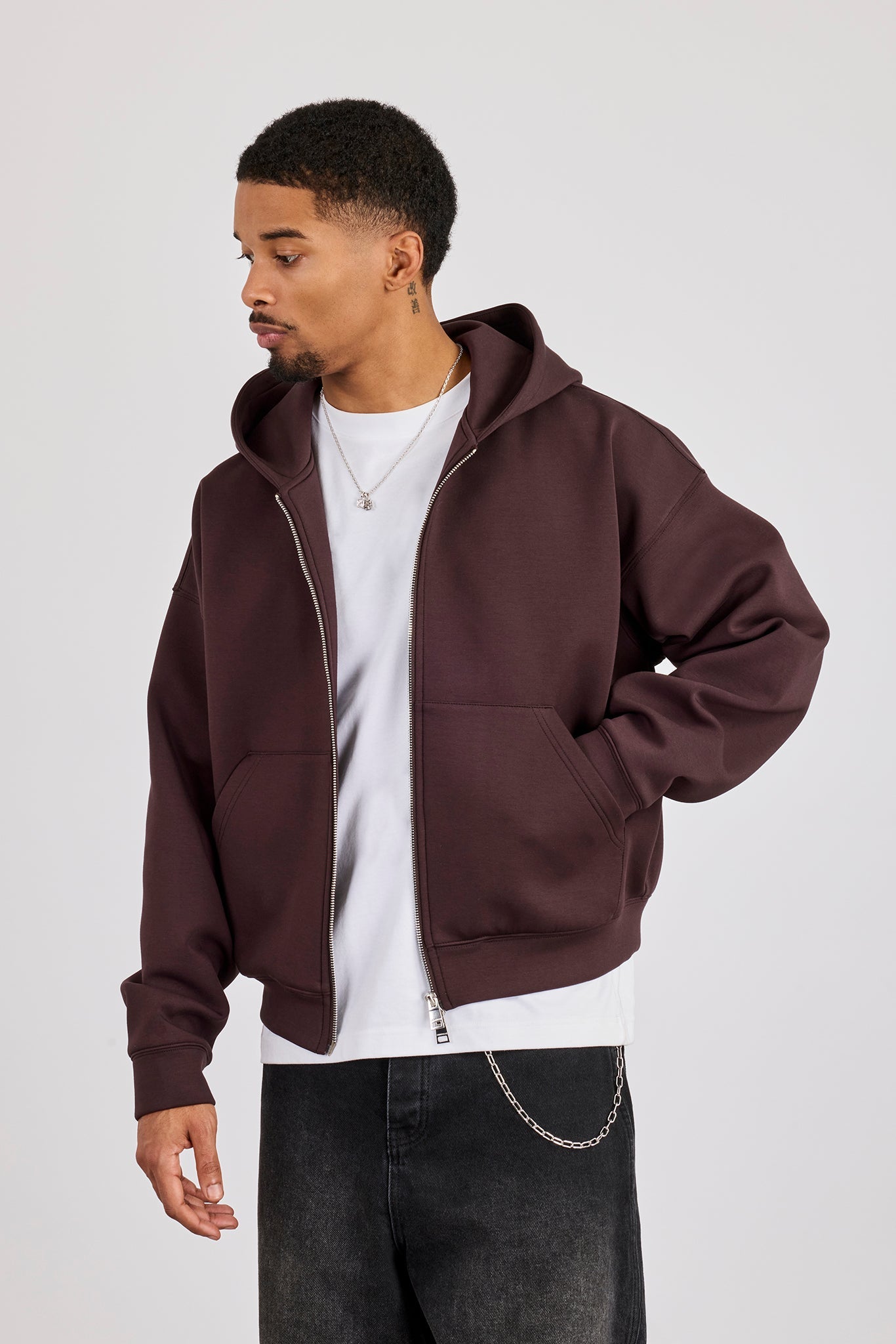 Scuba Zip Through Hoodie - Dark Brown
