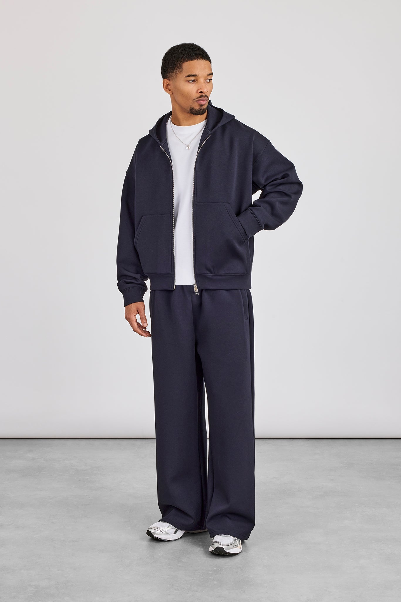 Scuba Zip Through Boxy Hoodie & Baggy Fit Trouser - Navy