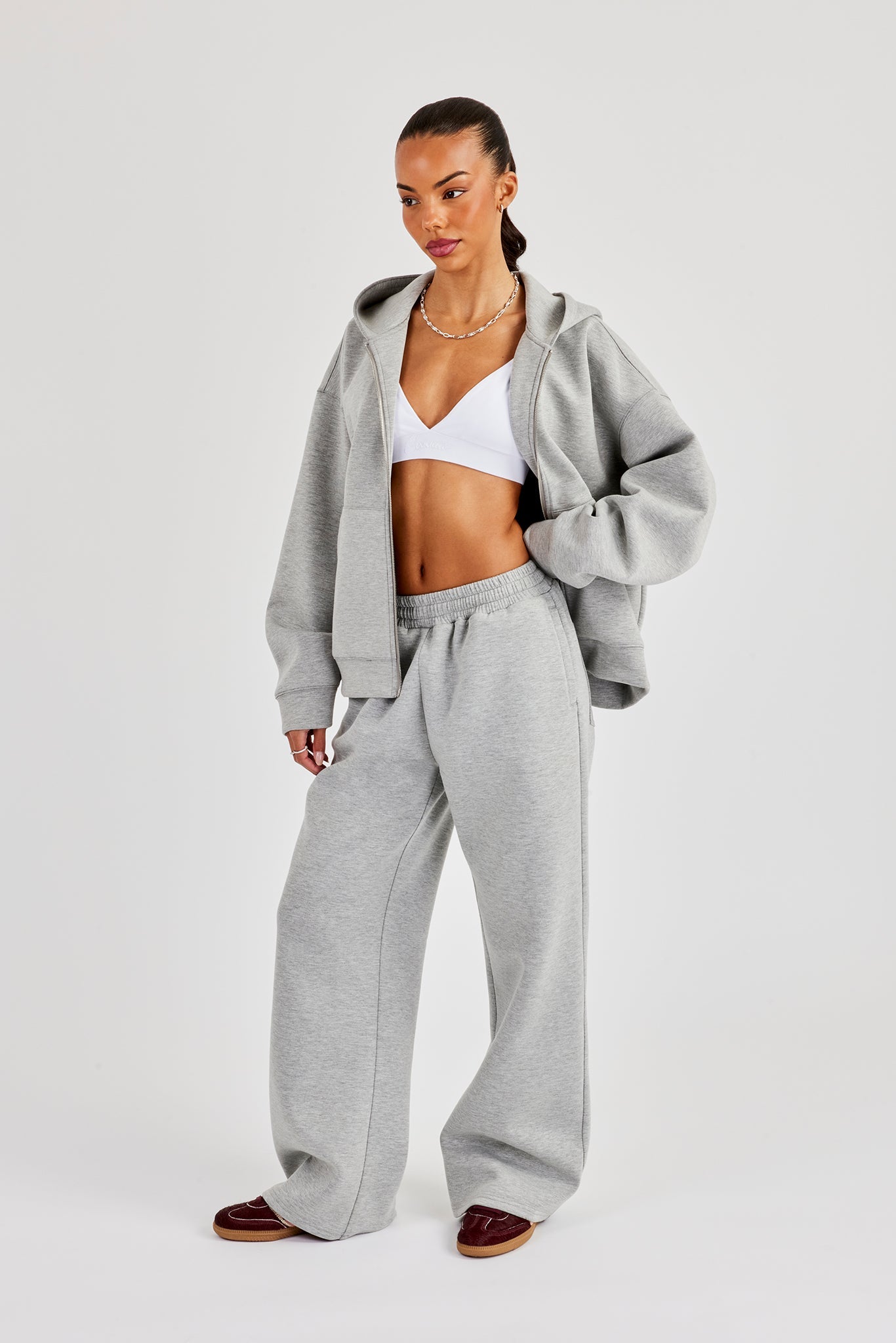 Scuba Oversized Zip Through Hoodie & Wide Leg Jogger - Grey