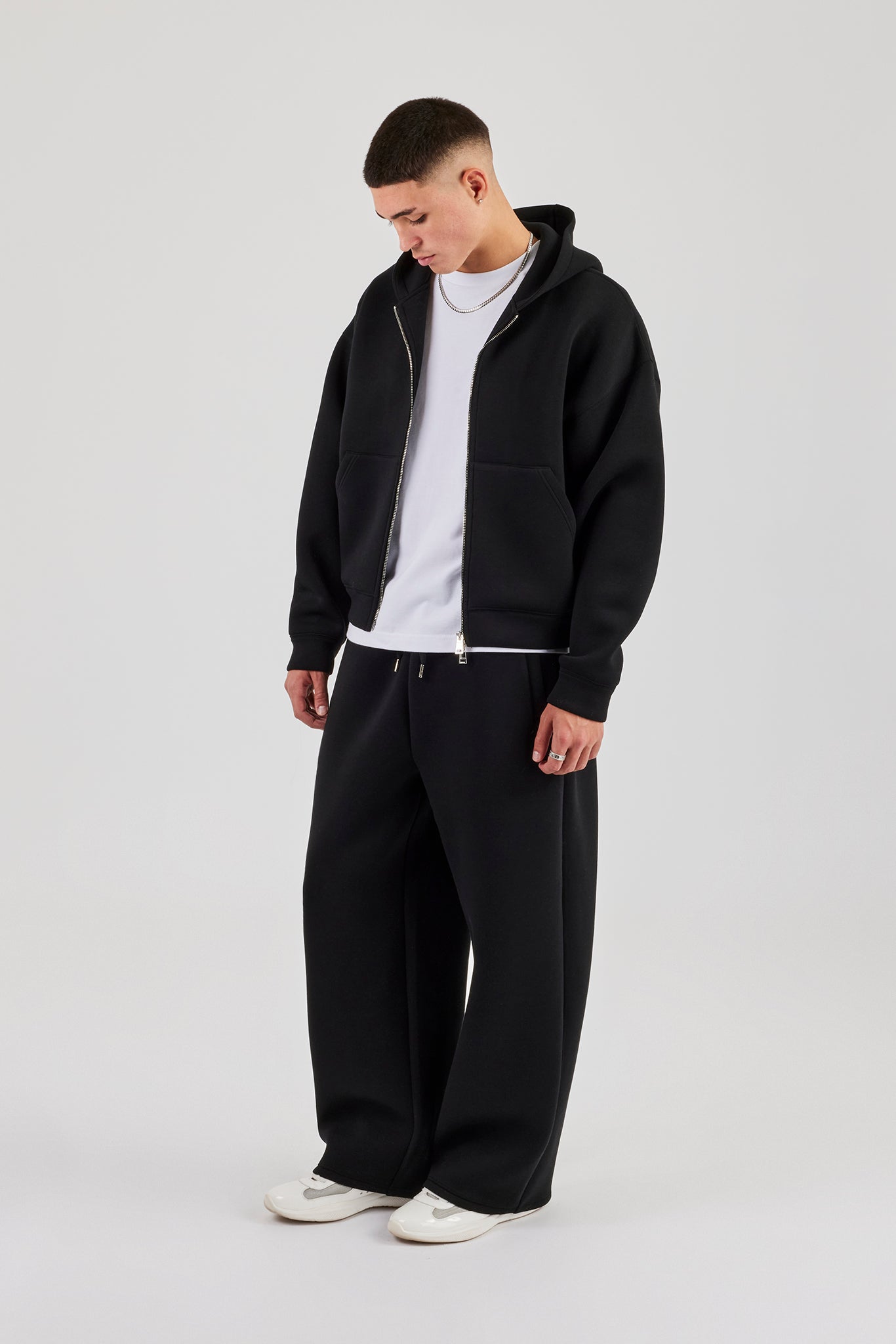 Scuba Zip Through Boxy Hoodie & Baggy Fit Trouser - Black