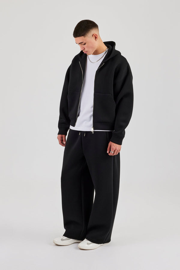 Scuba Zip Through Boxy Hoodie & Baggy Fit Trouser - Black