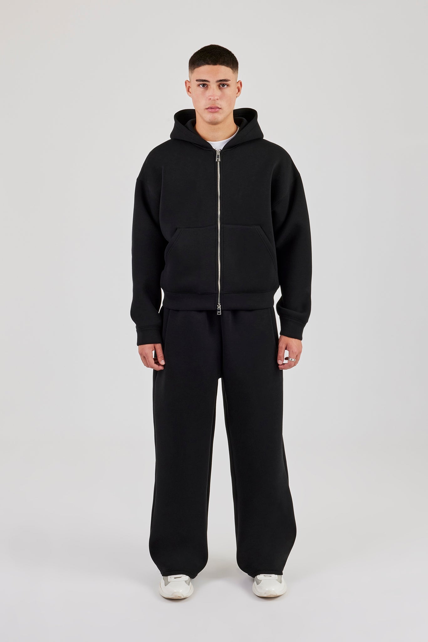 Scuba Zip Through Boxy Hoodie & Baggy Fit Trouser - Black