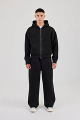 Scuba Zip Through Boxy Hoodie & Baggy Fit Trouser - Black