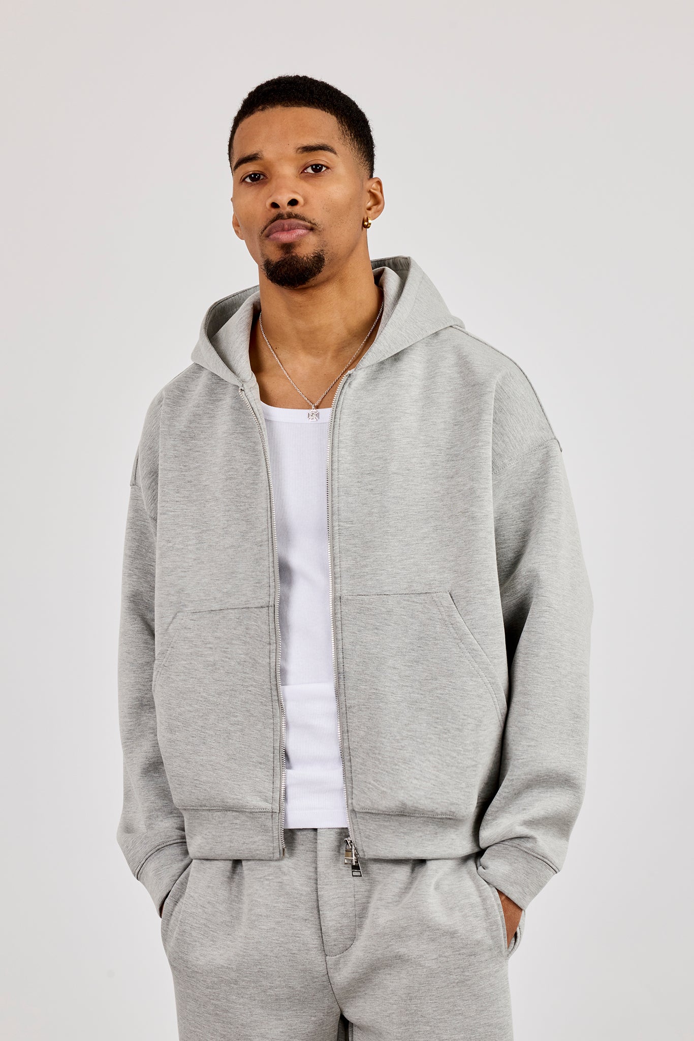 Scuba Zip Through Boxy Hoodie - Grey