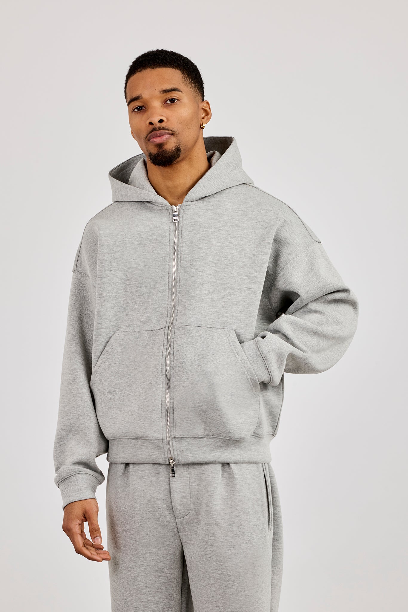 Scuba Zip Through Boxy Hoodie - Grey