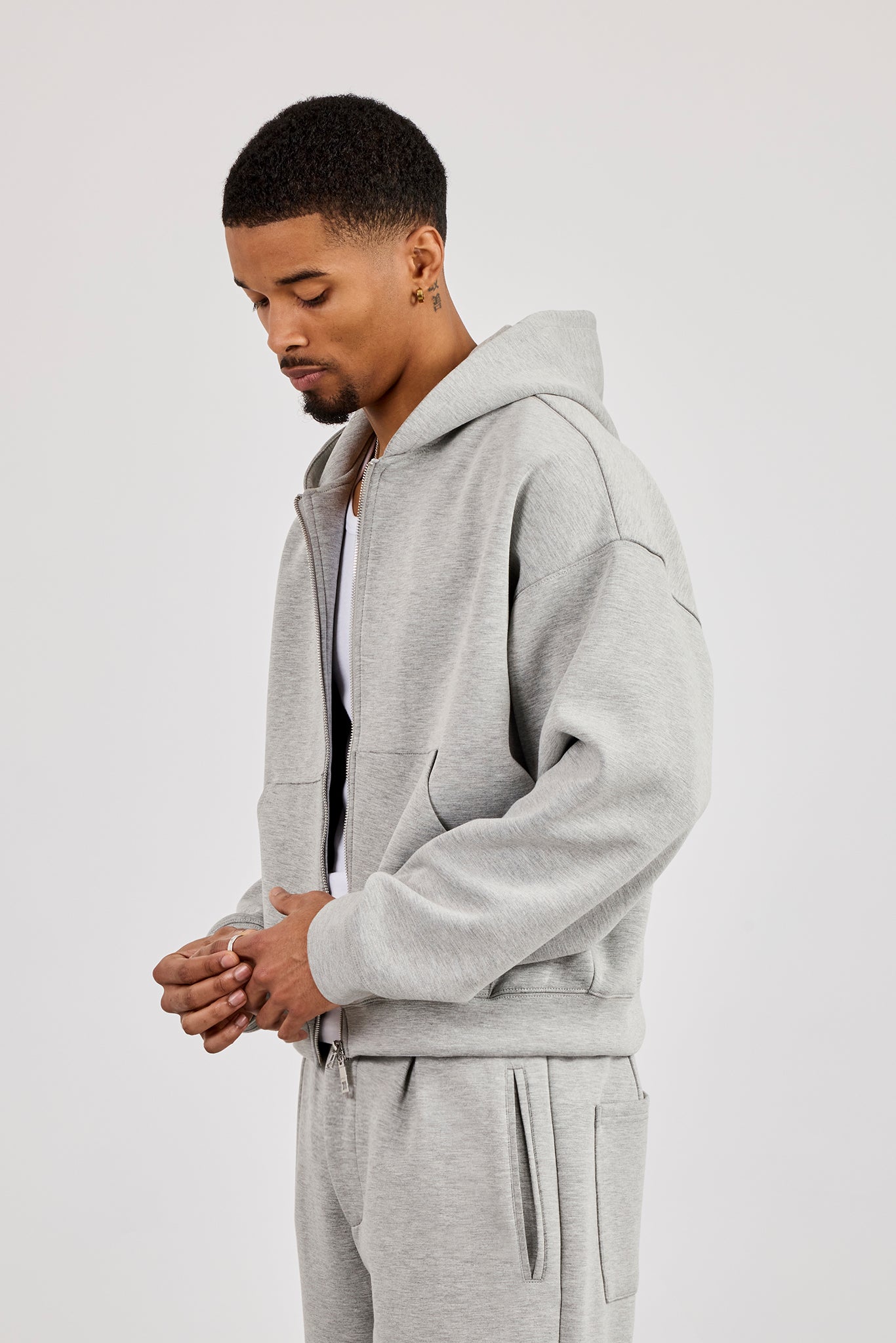 Scuba Zip Through Boxy Hoodie - Grey