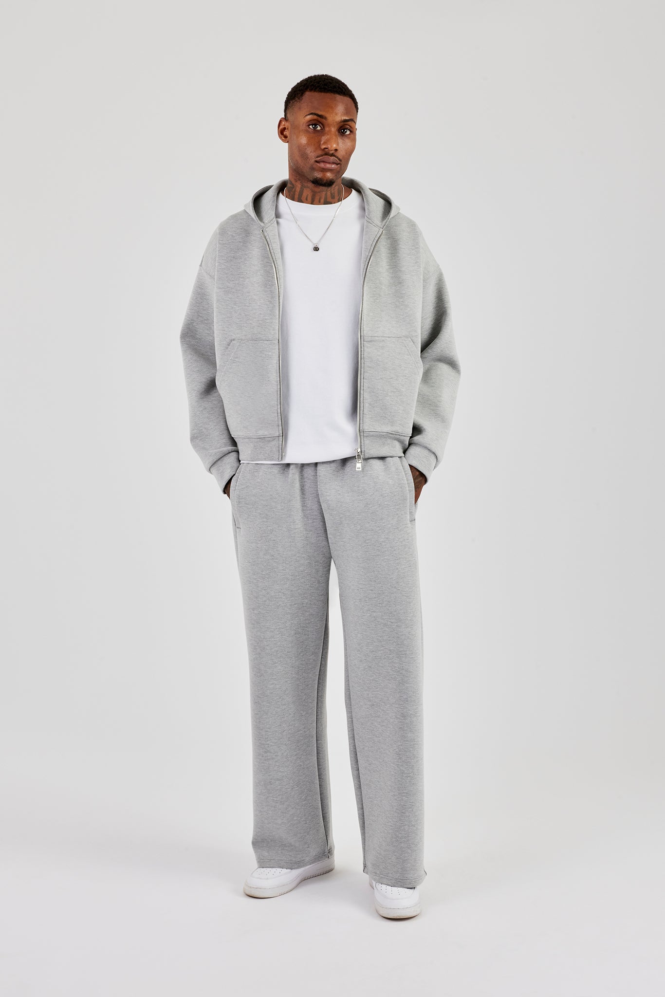 Scuba Zip Through Boxy Hoodie & Wide Leg Trouser - Grey