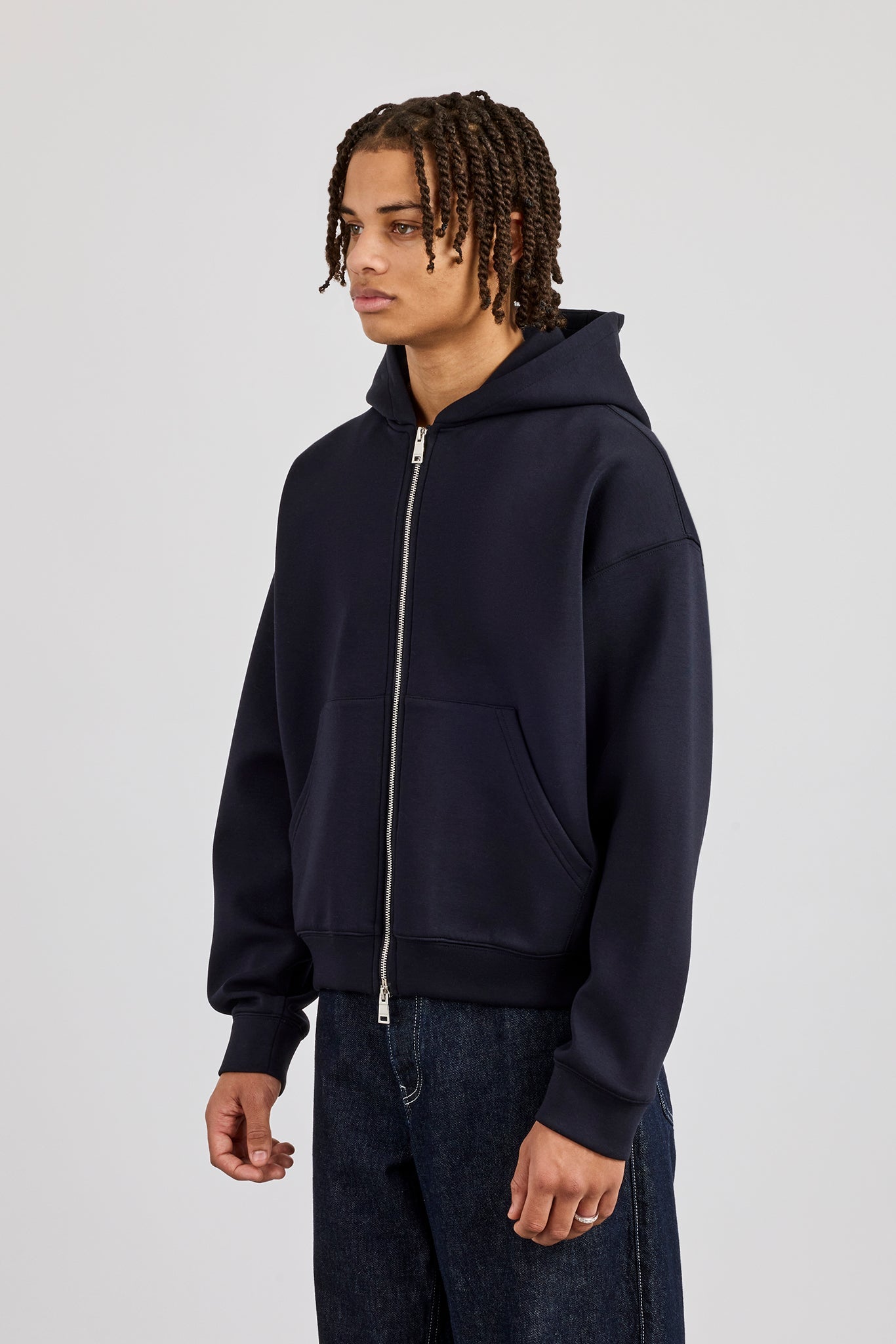 Scuba Zip Through Boxy Hoodie - Navy