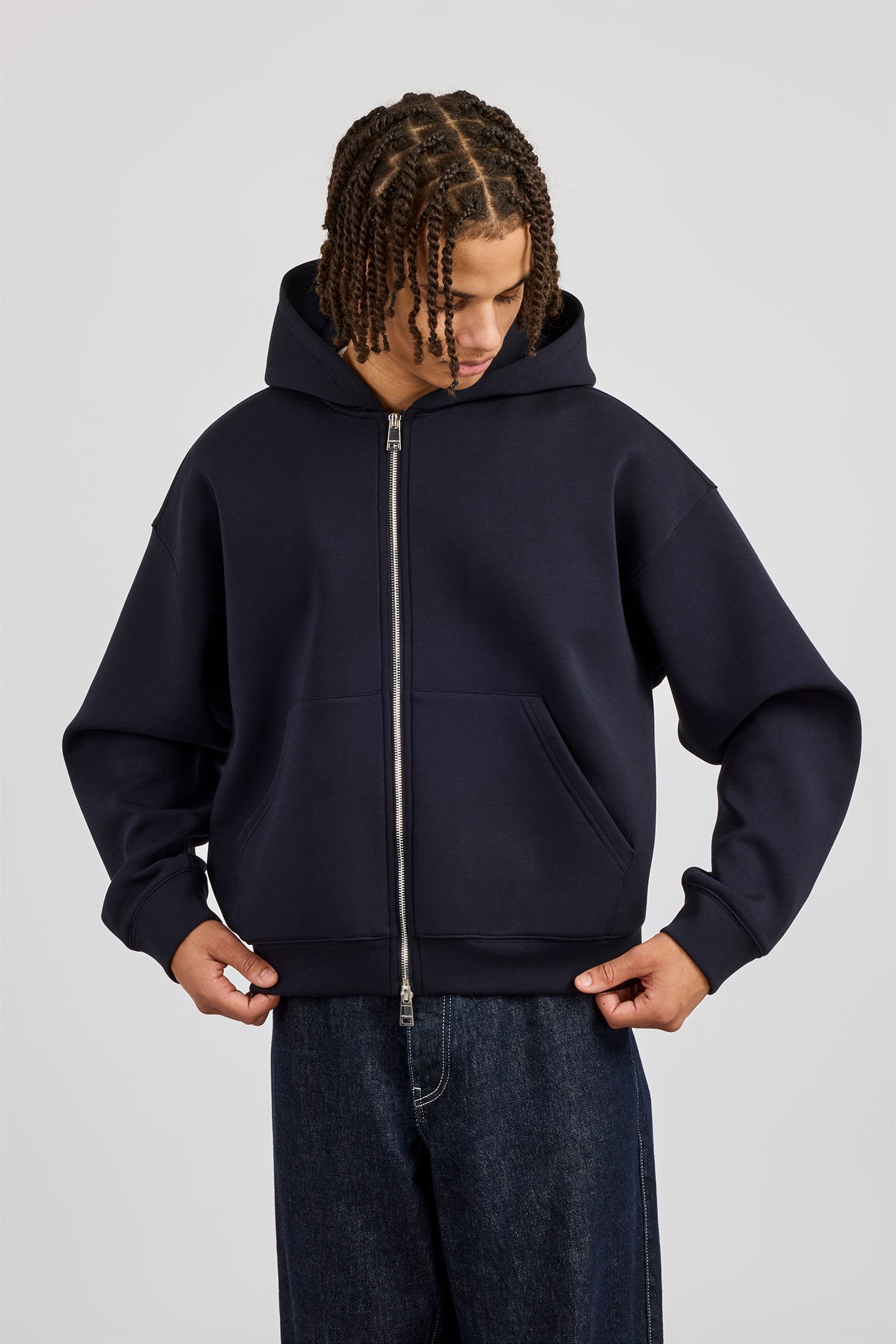 Scuba Zip Through Boxy Hoodie - Navy