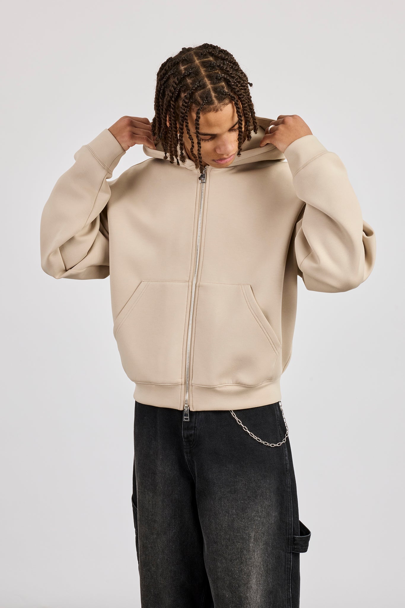 Scuba Zip Through Boxy Hoodie - Stone