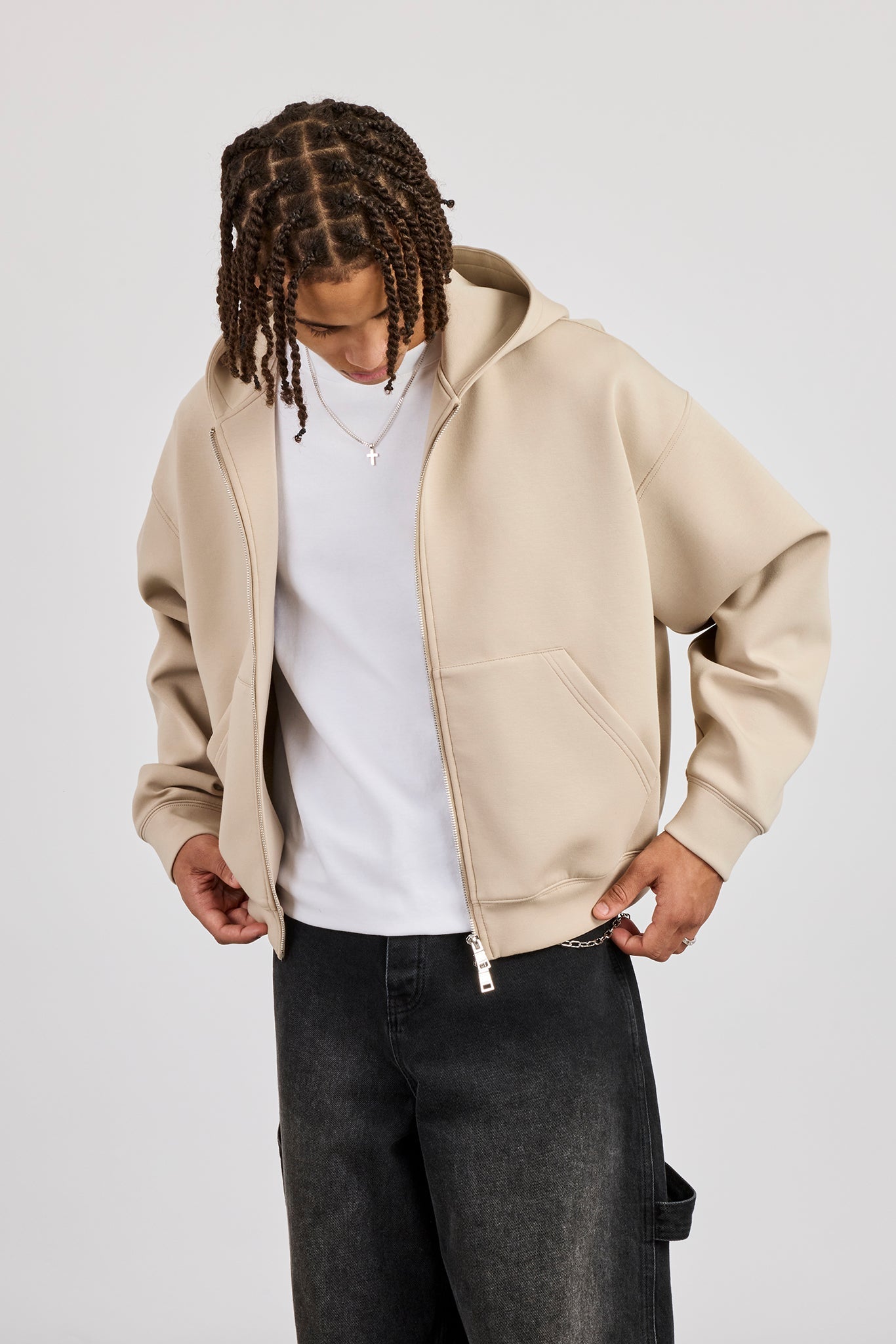Scuba Zip Through Boxy Hoodie - Stone