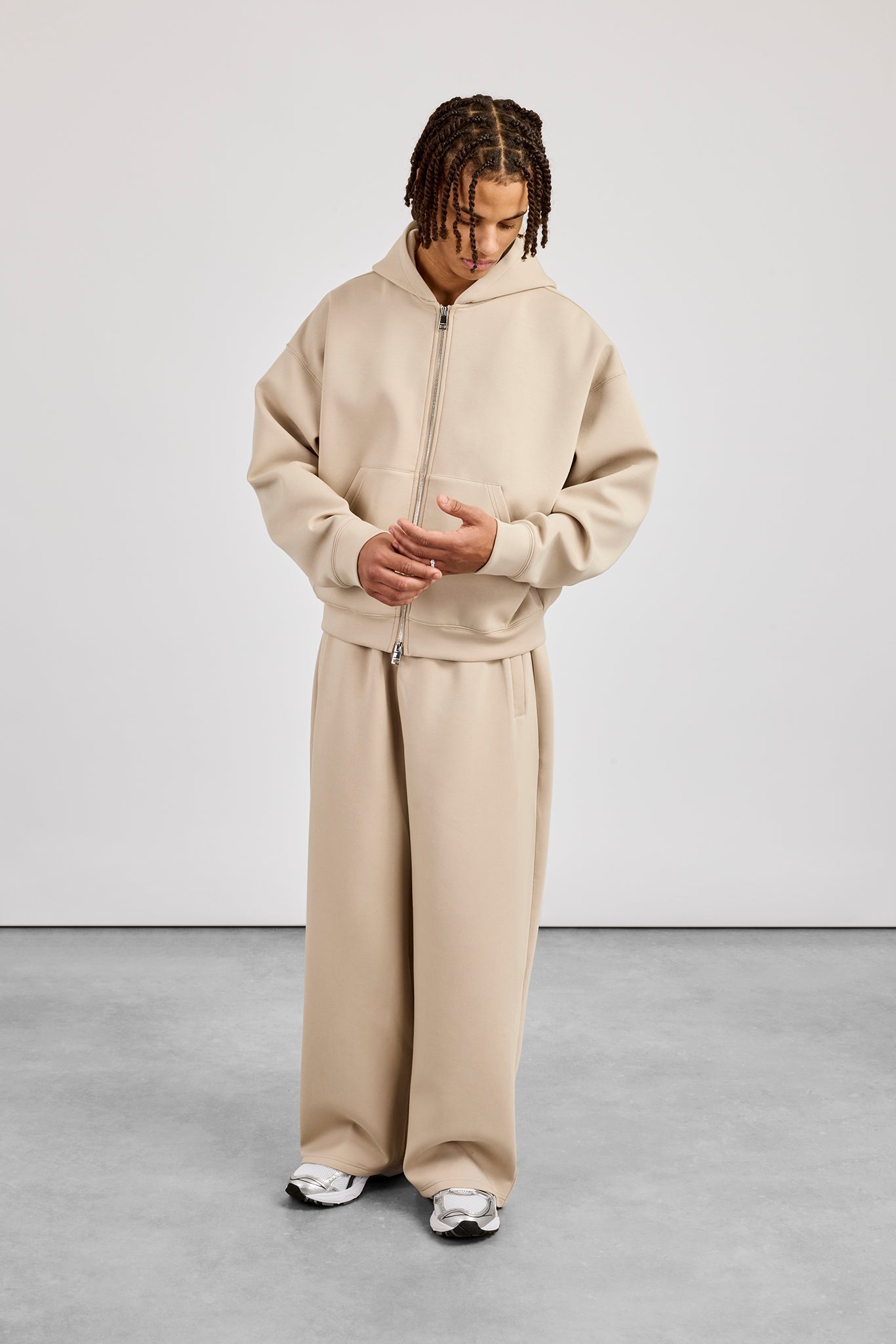 Scuba Zip Through Boxy Hoodie & Baggy Fit Trouser - Stone