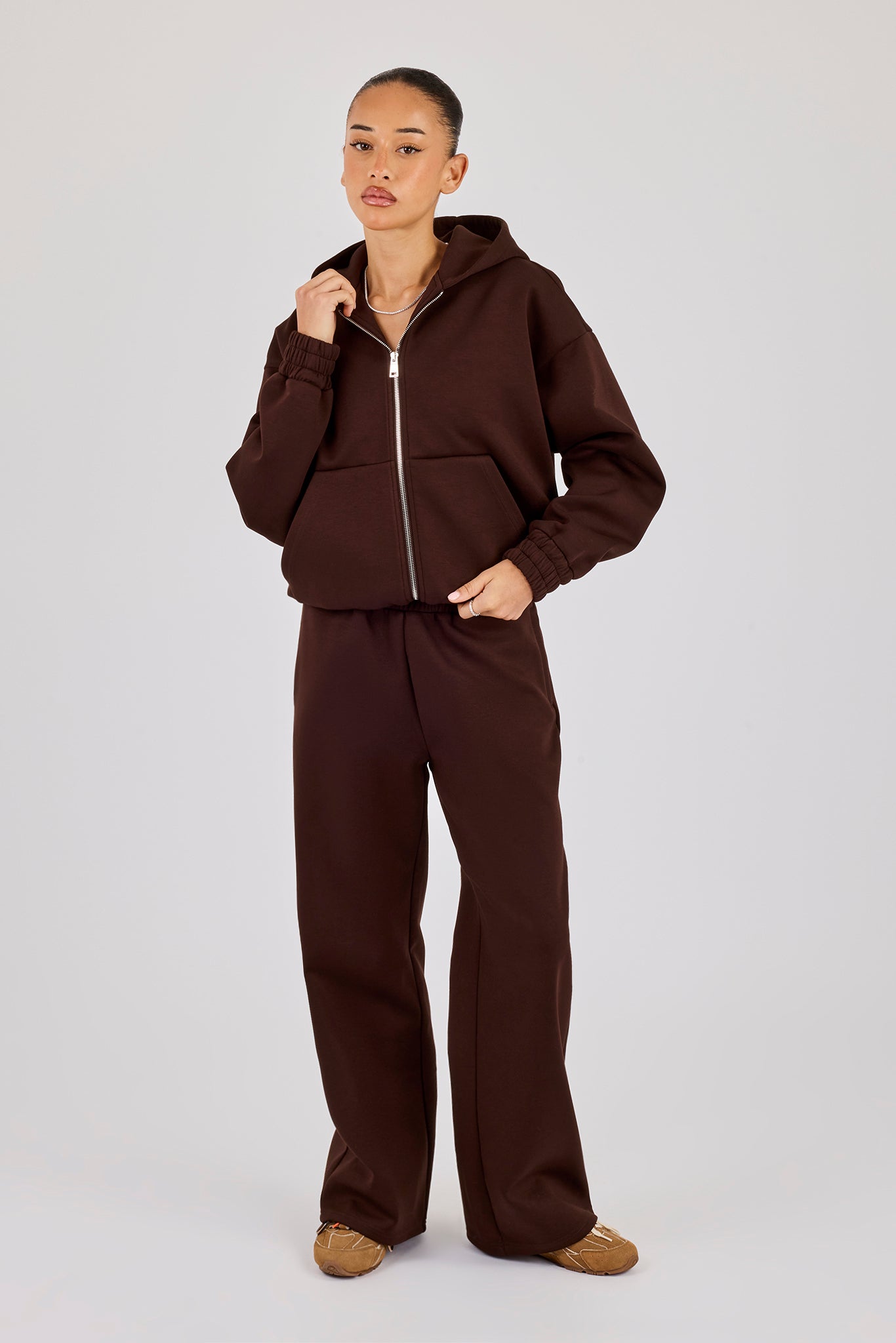 Scuba Zip Through Hoodie & Wide Leg Jogger - Chocolate