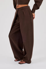 Woven Double Pleat Barrel Leg Trouser - Chocolate