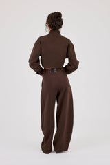 Woven Seam Detail Jacket & Double Pleat Barrel Leg Trouser - Chocolate