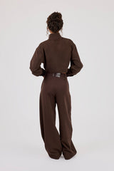 Woven Seam Detail Jacket & Double Pleat Barrel Leg Trouser - Chocolate